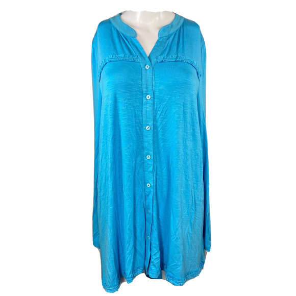 Soft Surroundings Shirt Womens Sz L Blue Jersey Knit Ruffle Trim Button Tunic - Picture 1 of 9